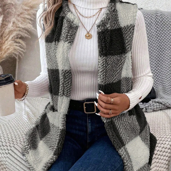 Buffalo Plaid Pattern Teddy Vest Coat - Picture 1 of 4